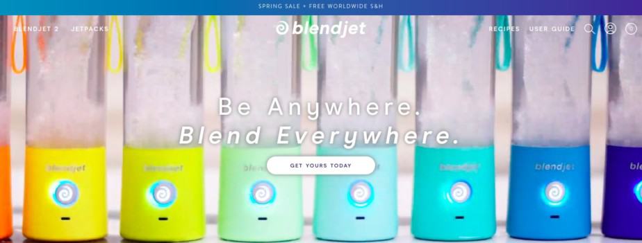 BlendJet home page with portable blenders in multiple colours.