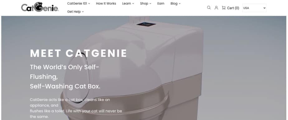 Home page of Cat Genie an example of a one product store