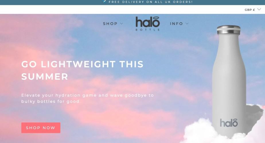 Home page of branded Ecommerce store Halo Bottle.
