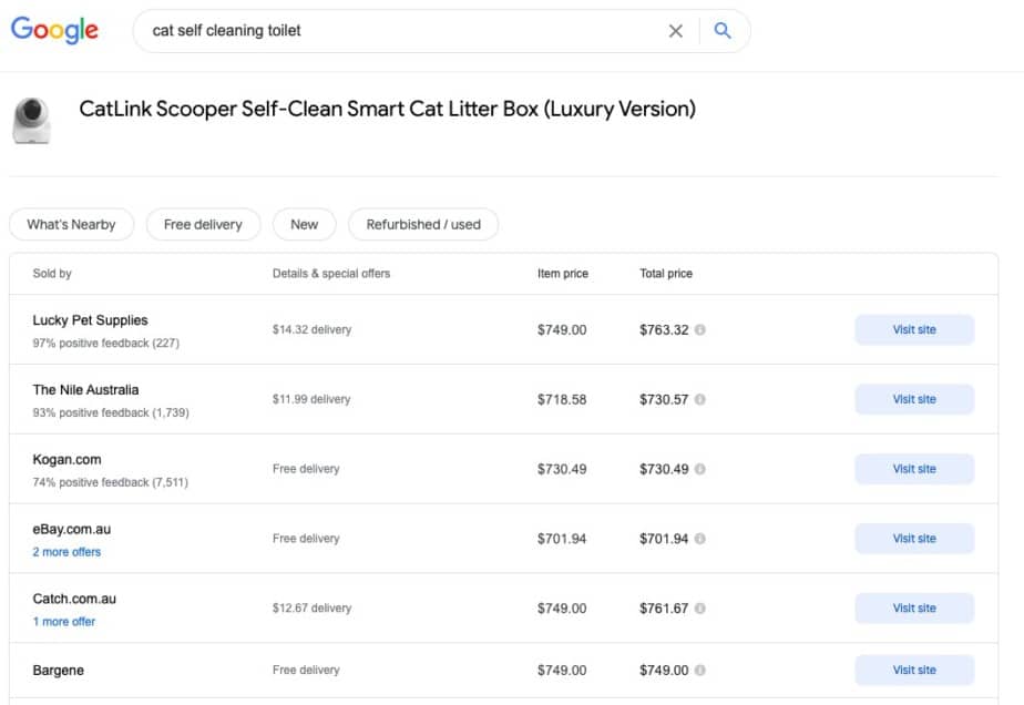 Google showing a list of ads running for cat self cleaning toilet