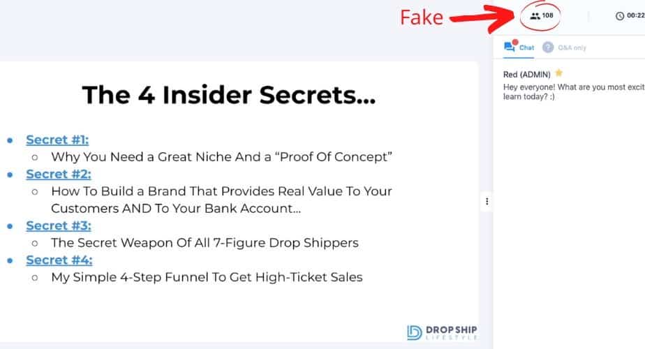Dropship lifestyle webinar with fake viewers.
