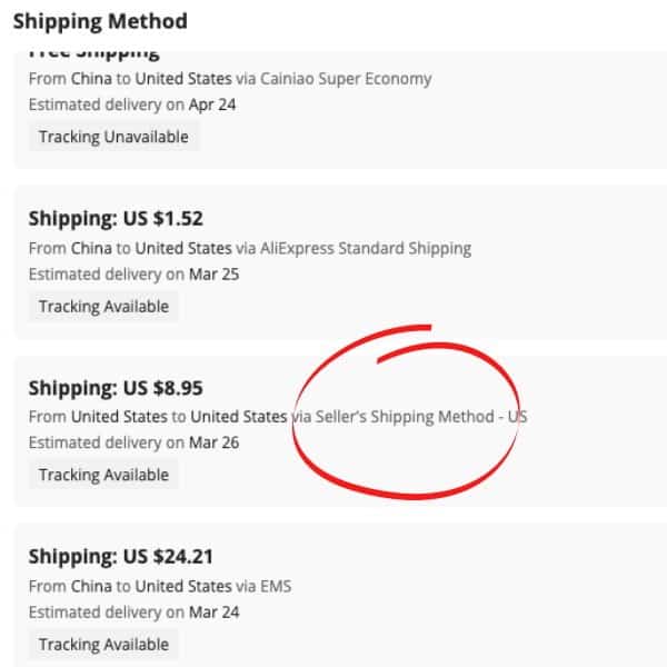 Sellers shipping method on AliExpress