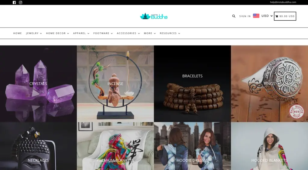 Insta Budda is an example of a Shopify store using the Booster theme
