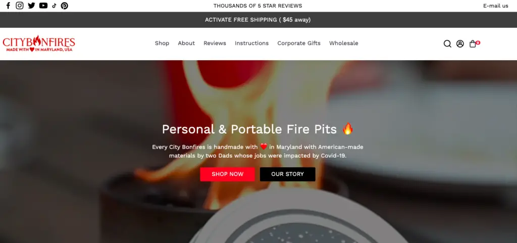 City Bonfires is an example of a Shopify store using the Booster theme