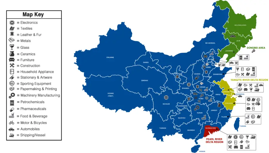 Map of china with a list of each province and the manufacturing materials they specialise in.