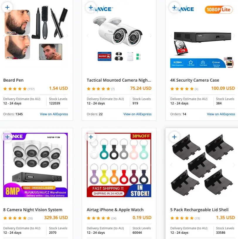 Screenshot of the products listed on Salehoo Dropship