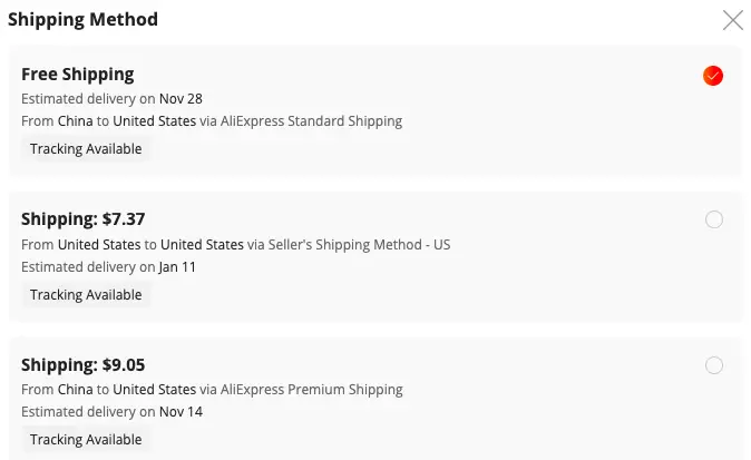 AliExpress shipping from the United States using sellers shipping method