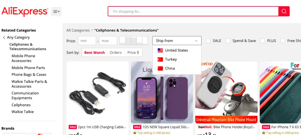 Filter AliExpress shipping to ship products from the USA only