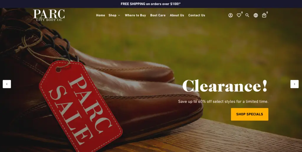 Parc City Boot store is an example of a store using Debutify theme.