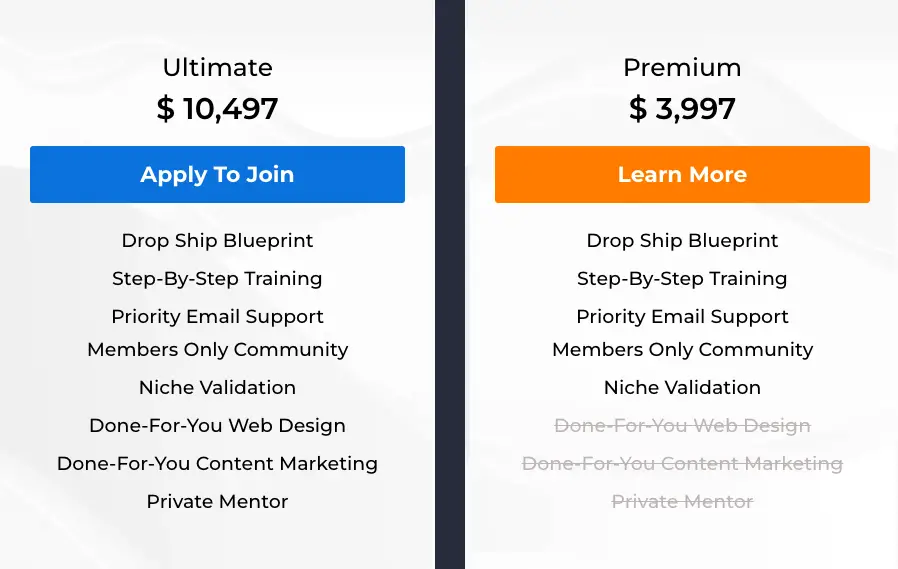 Premium and ultimate pricing plans for the Dropship Lifestyle course.