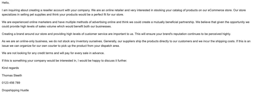 Dropshipping email example to be sent to a prospective supplier