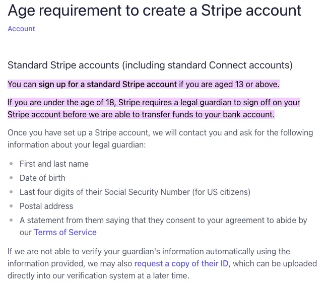 Age requirement to create a Stripe payment processor account