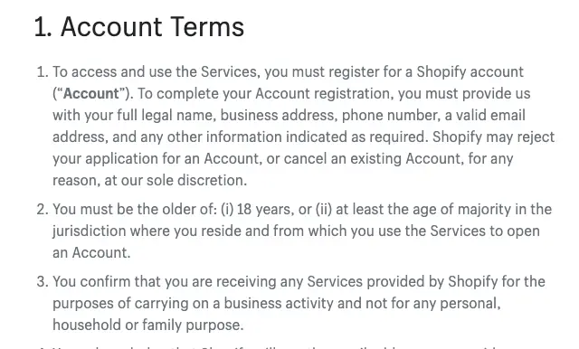 Shopify account terms stating you must be 18 years or older to open a Shopify account