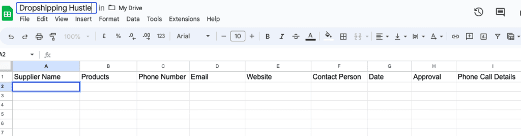 Spreadsheet to track phone calls to suppliers