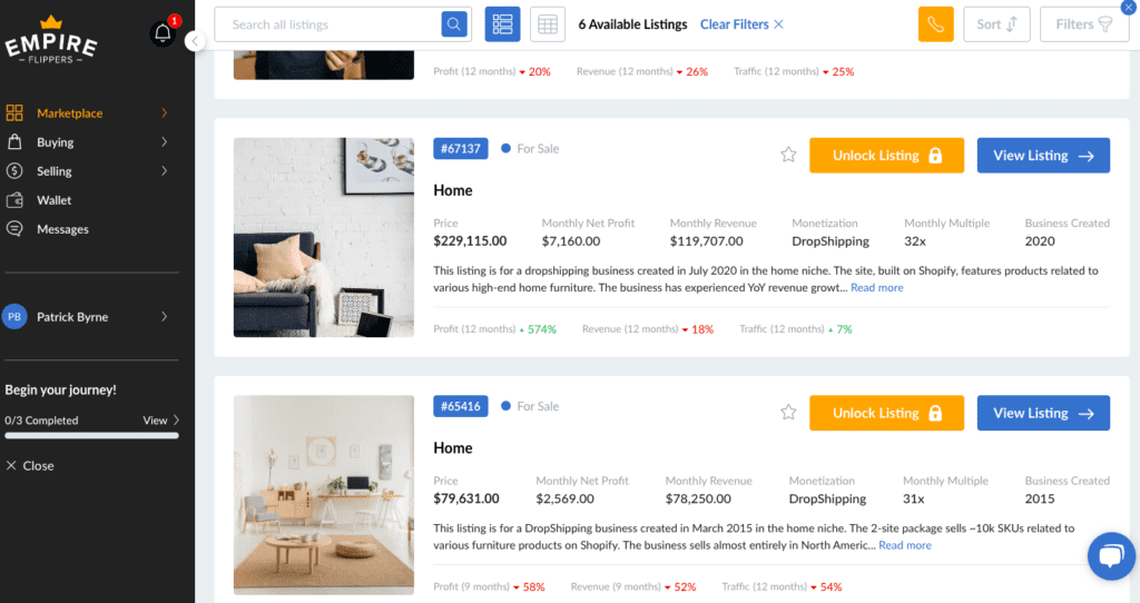 Empire Flippers listing of dropshipping website for sale