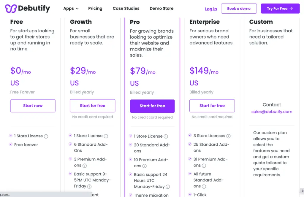 Debutify pricing from free up to Enterprise plans.