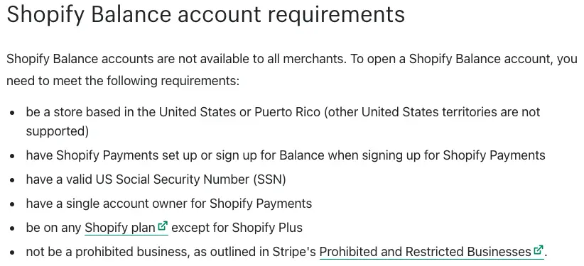 Shopify requirements to open Shopify balance account.
