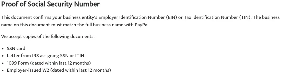 Proof of social security number to use PayPal