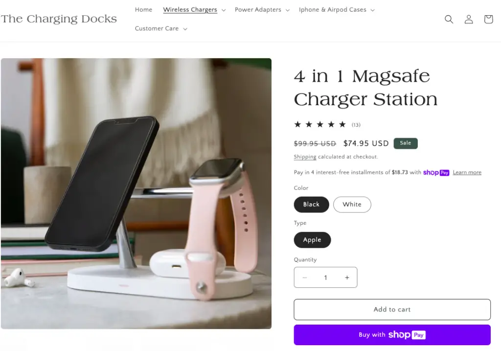 The Charging Docks is a Shopify store example using the Craft theme