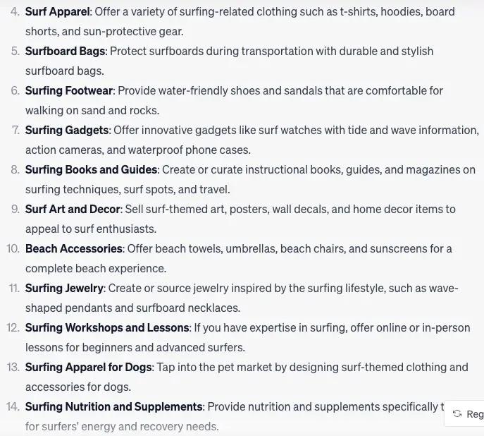 ChatGPT response to "what are 15 product ideas in the surfing niche"