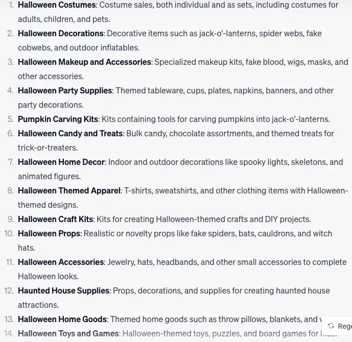 ChatGPT response to "what are some of the best selling products for halloween in the USA?"