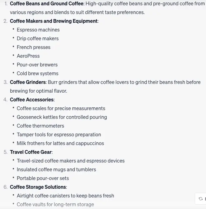 ChatGPT response to "what kinds of products are coffee lovers likely to buy?"
