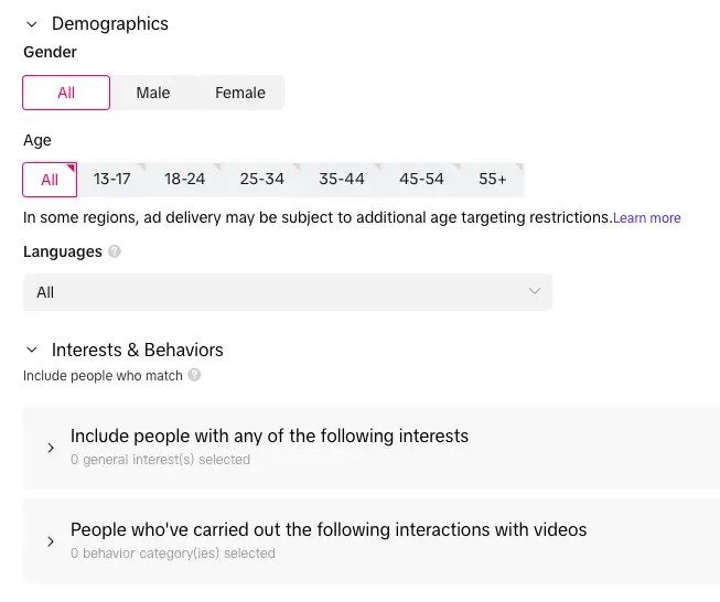 Choosing demographics and behaviour in TikTok's ad manager