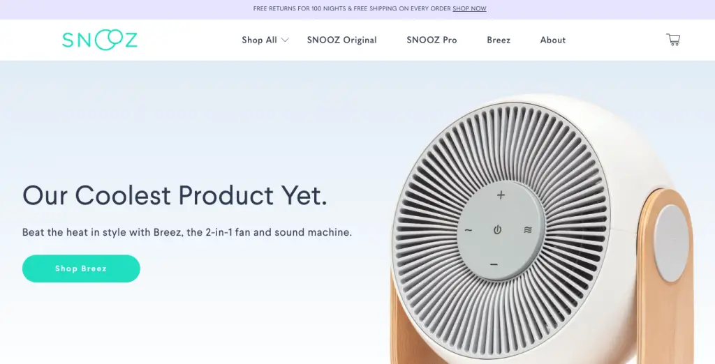 Single product website example for SNOOZ home page