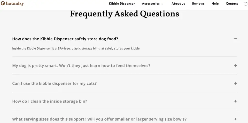 Example of a FAQ section on a one-product store