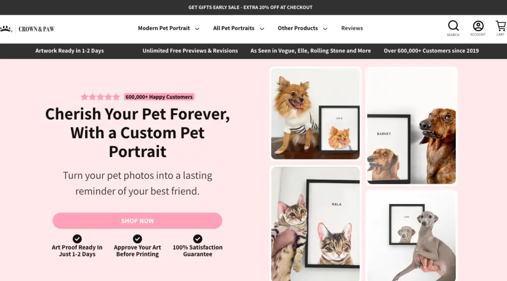 Home page of Crown and Paw an example of a one product store