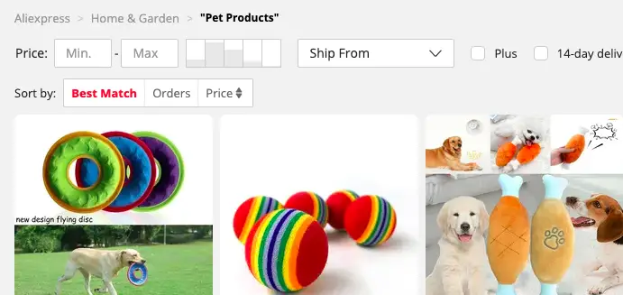 How to sort pet products on AliExpress by best selling using the order filter.