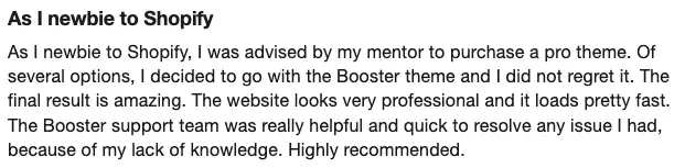 Positive user generated reviews of Booster theme on Trust Pilot