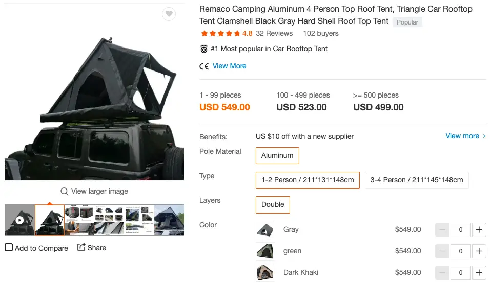 Car rooftop tent price on Alibaba