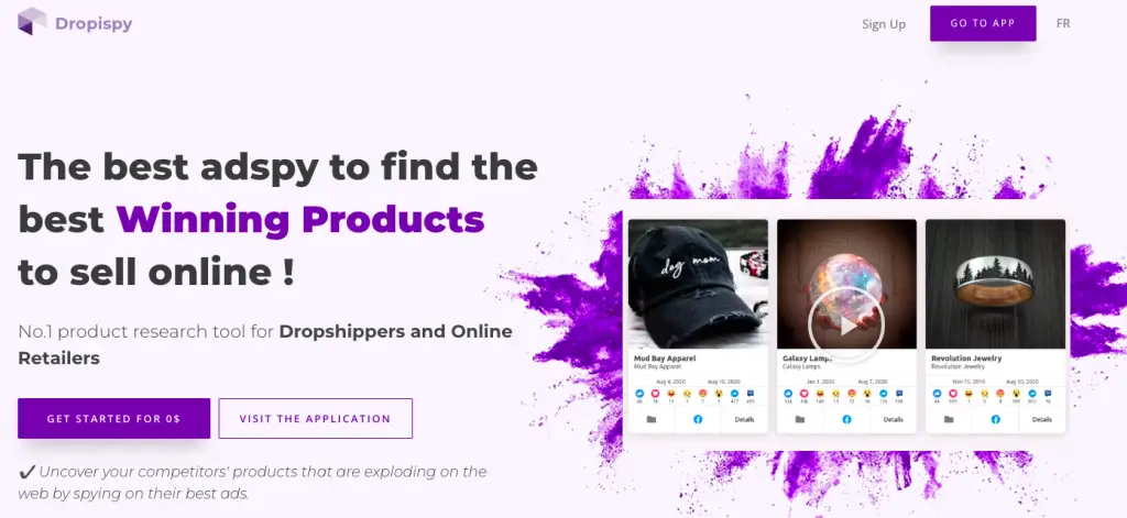 Dropispy homepage showing how to find winning products.