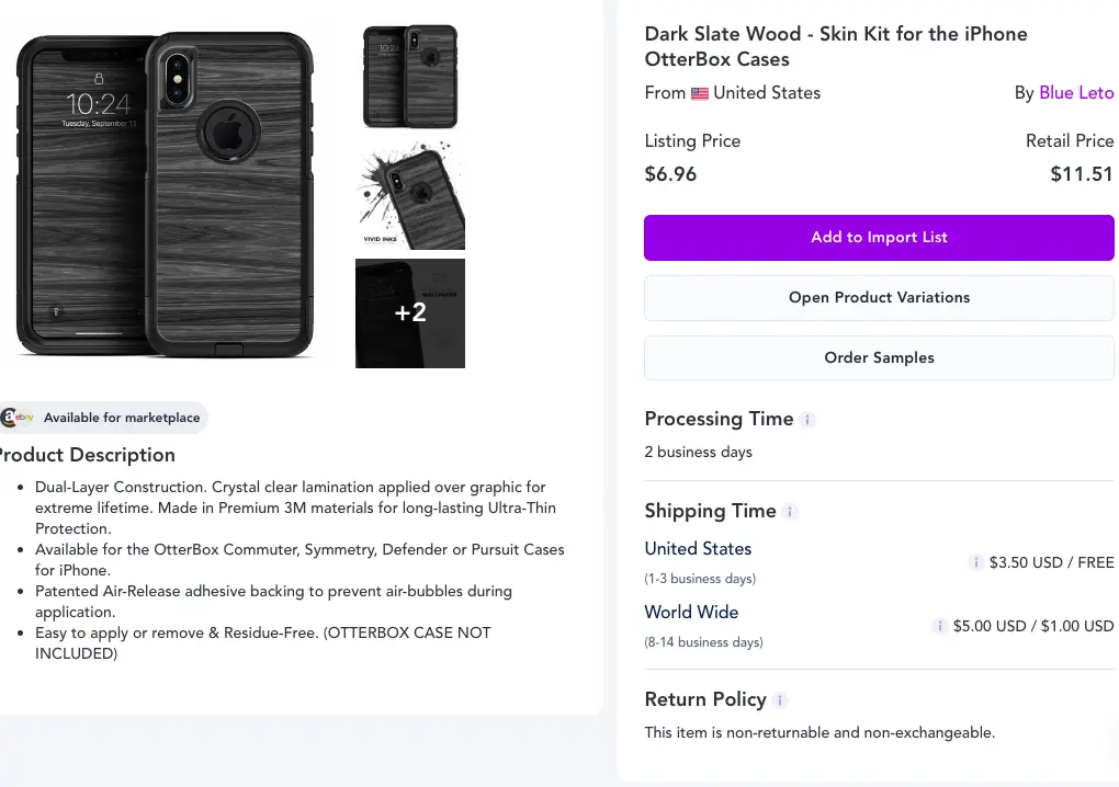 Spocket product page showing 1 - 3 day shipping times