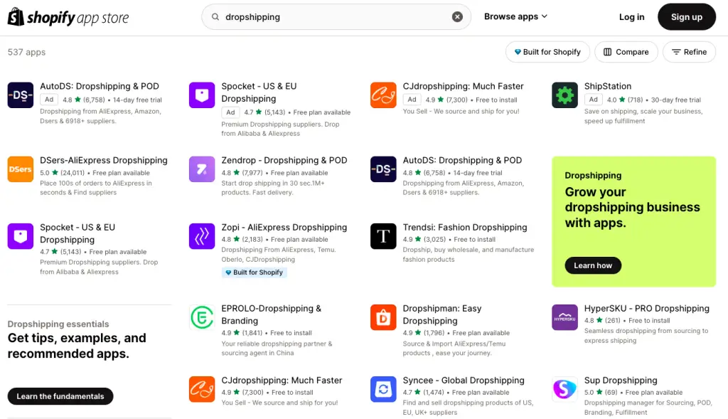 Dropshipping apps on the Shopify app store